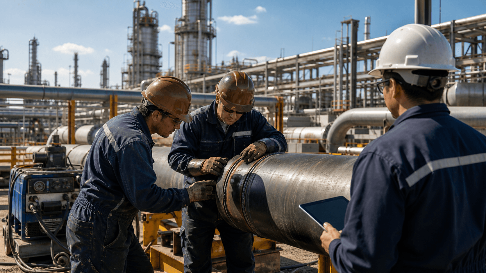 Welder in protective gear works on a pipeline tie-in at a sunlit industrial site with steel pipes and sparks.
