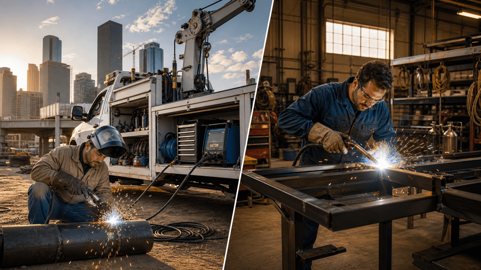 Split scene of a welder’s truck and a traditional workshop, glowing with blue welding sparks at dusk.