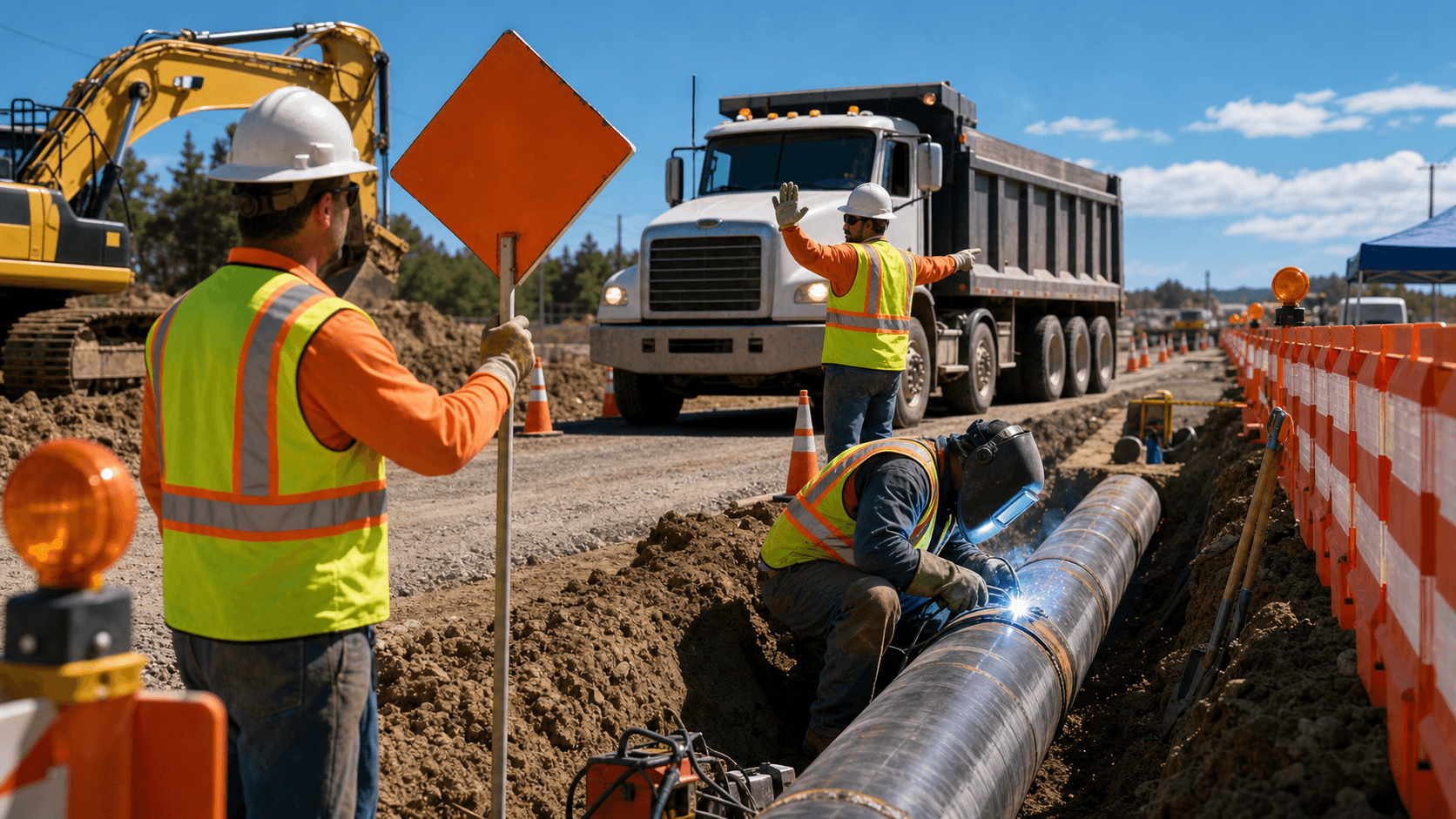 Worker welding a pipeline at a busy construction site, orange cones and vehicles blurred behind under bright daylight