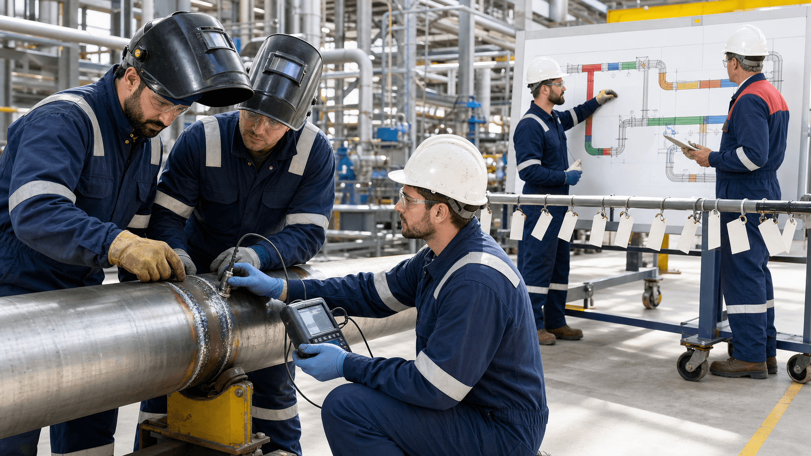 Industrial pipeline welders with hard hats inspect a welded joint under blue light, with overlayed schematic lines.