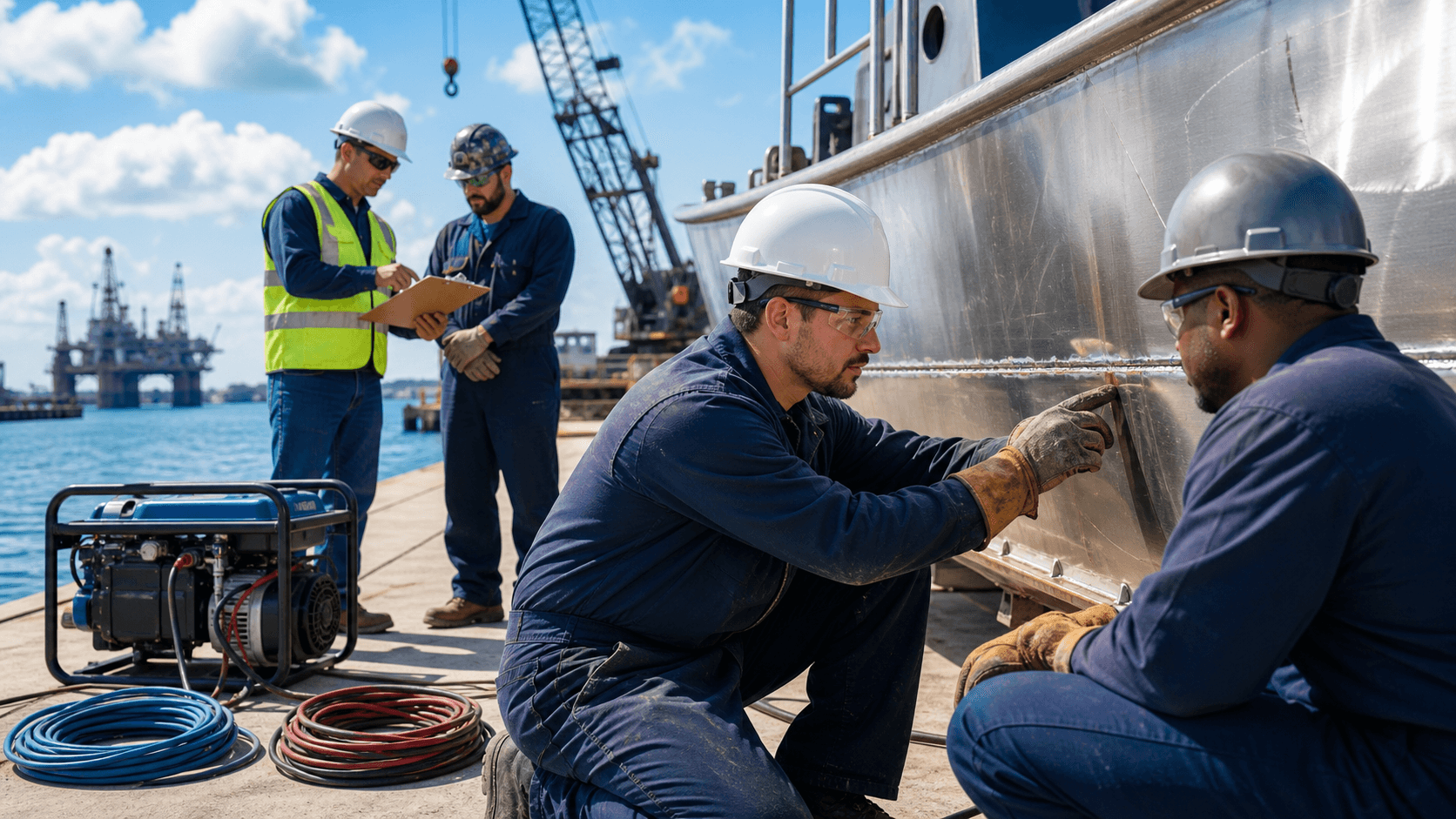 Welder in orange safety gear sparks a bright arc on a ship hull at dock, blue water and cranes in the background.