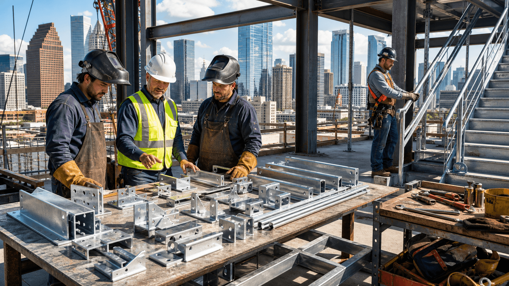Steel framework rises at a Houston construction site under a bright blue sky.