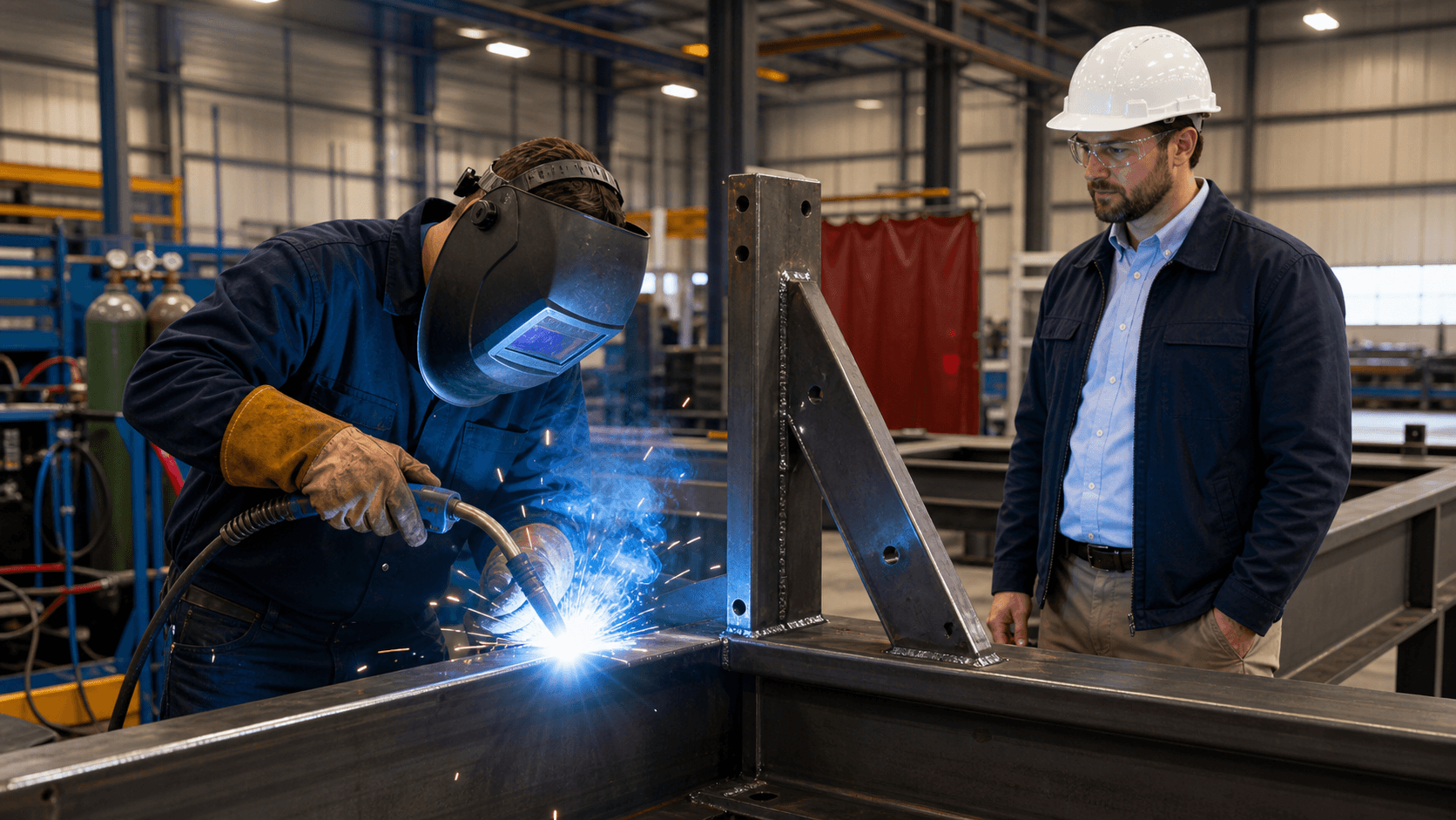 Welder in protective gear uses a torch, casting bright blue sparks across a dim industrial workshop.