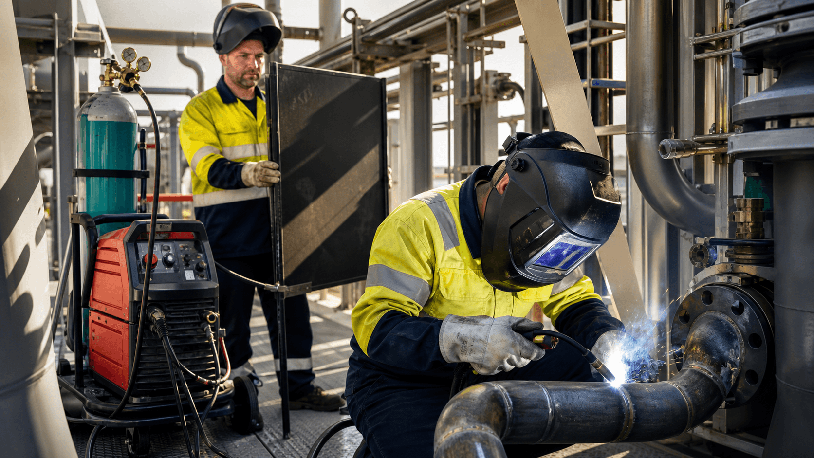 Welder in a dark helmet works beside steel pipes, with bright blue-white sparks illuminating a cramped workshop.