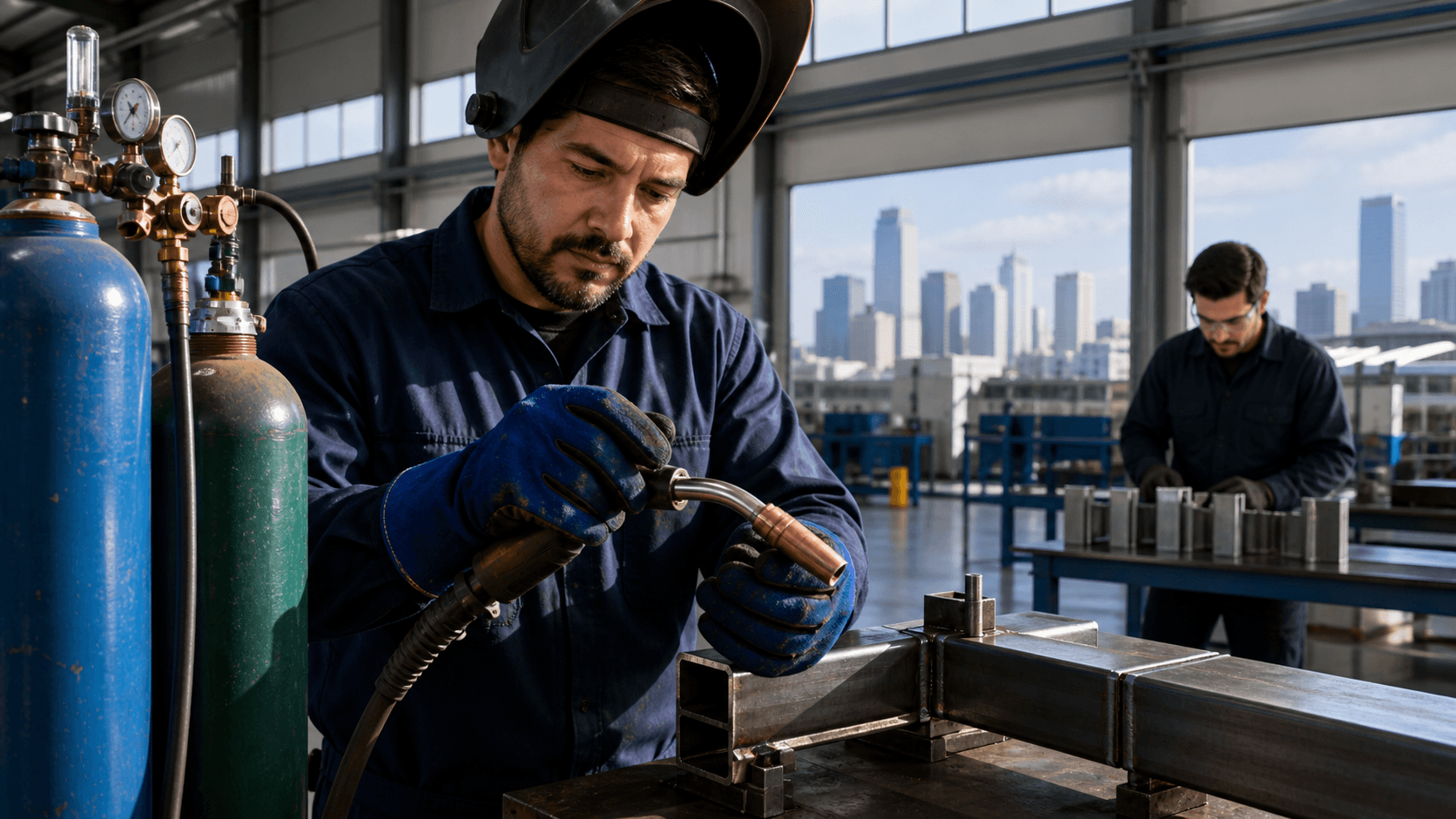 Welder in dark protective gear creates bright sparks while joining steel in a dim industrial workshop.