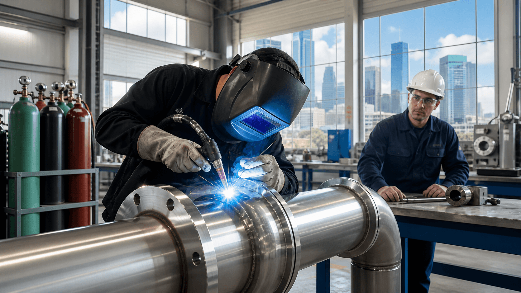 Welder in protective gear works on steel pipes, bright blue arc sparks illuminating a dim industrial shop.