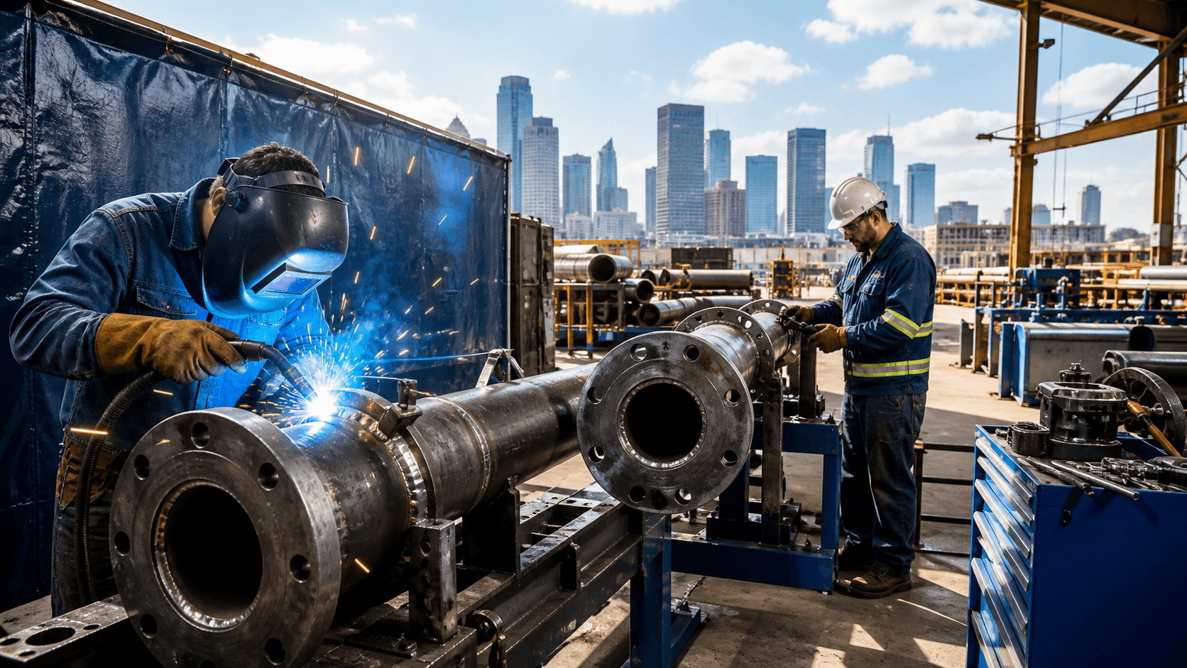 Welder in a dark workshop uses a torch, casting bright blue sparks across steel beams.