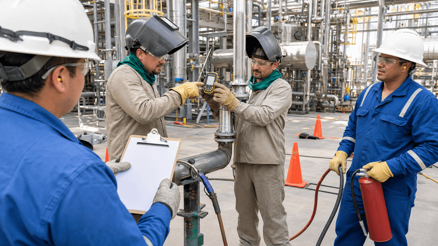 Worker in orange coveralls checks a clipboard near refinery piping at sunset, with hard hat and safety gear visible