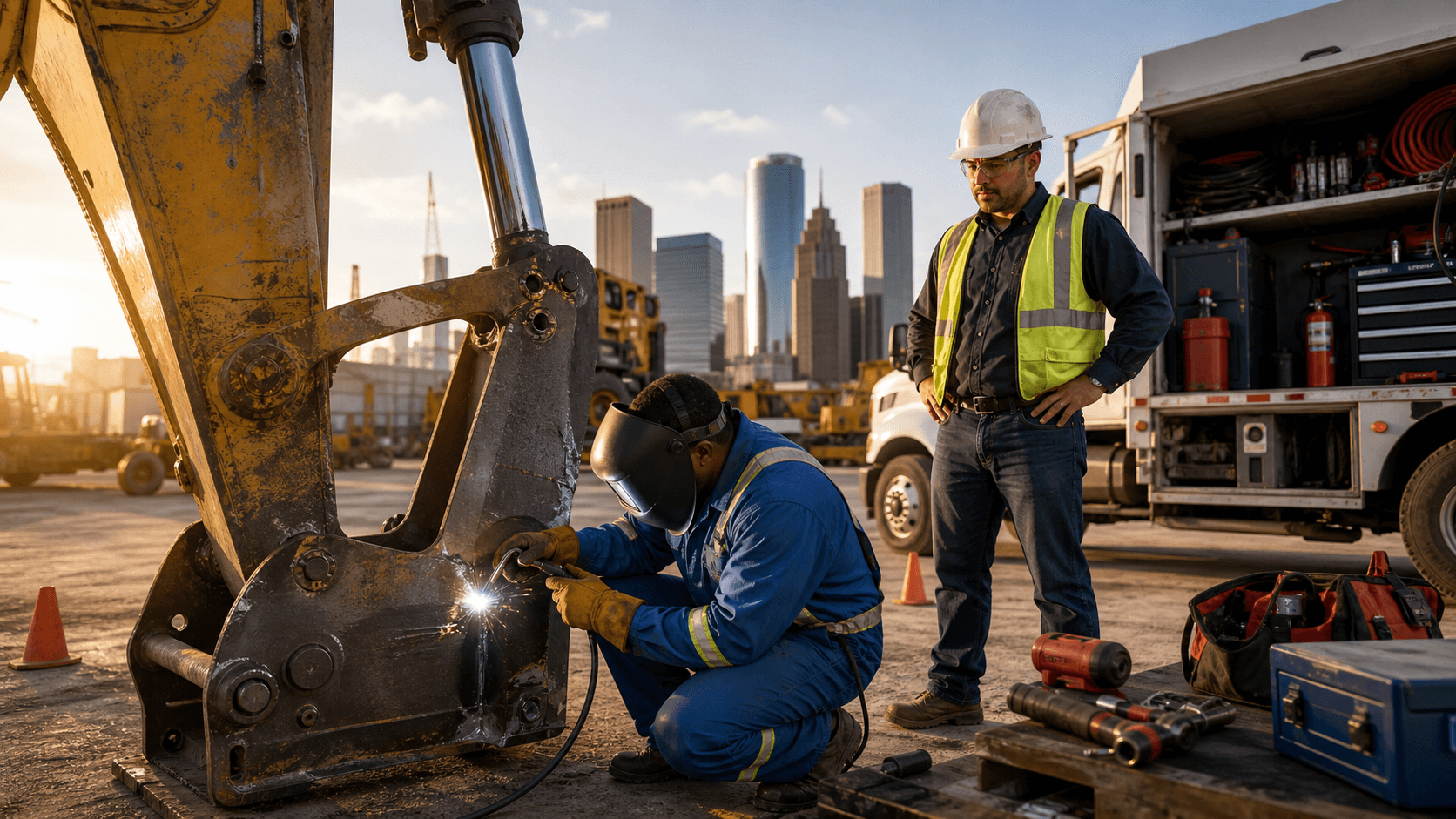 Mobile welder in protective gear repairs a steel structure beside a service truck at sunset.