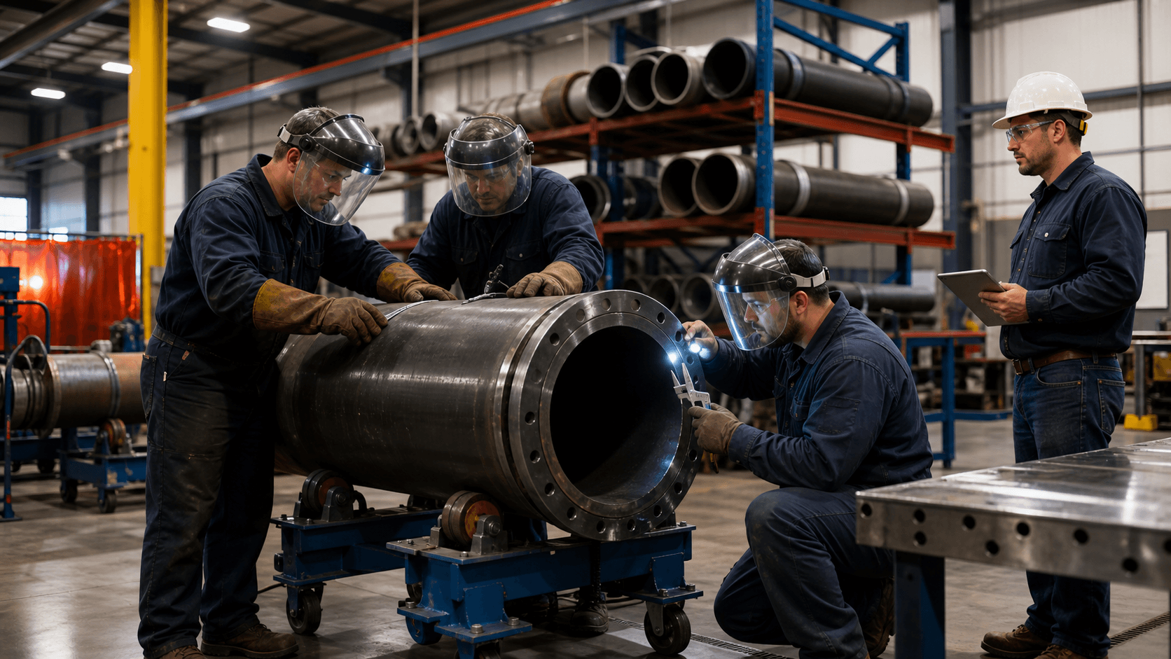 Workers weld large steel pipes in a dim industrial shop, sparks flying amid blue-gray metal and overhead lights.