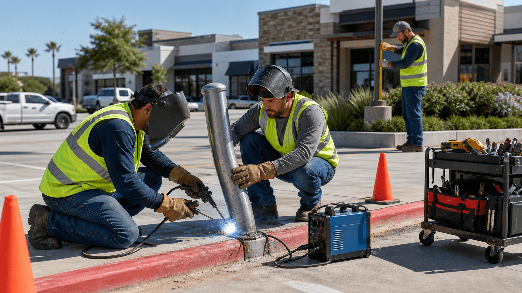 Worker welding a bent metal post beside a paved lot, sparks flying under bright daylight, trucks blurred in background.