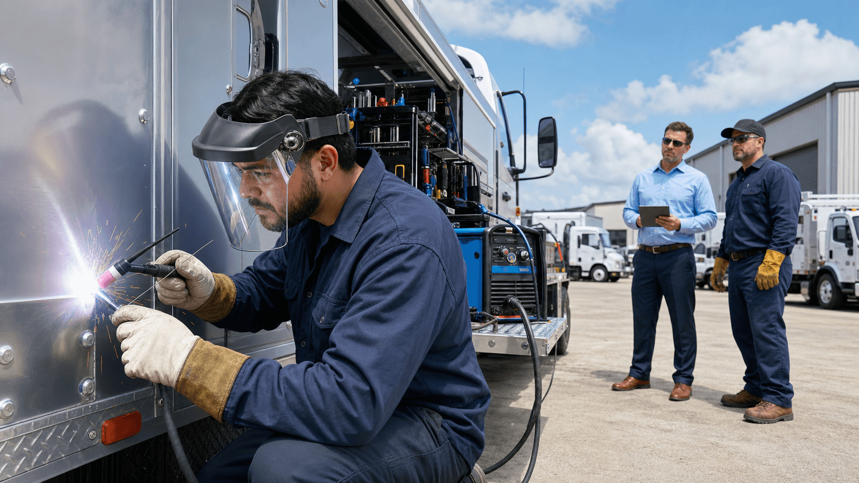 Mobile welder in a blue coverall welding an aluminum truck panel, bright sparks lighting a dim service bay