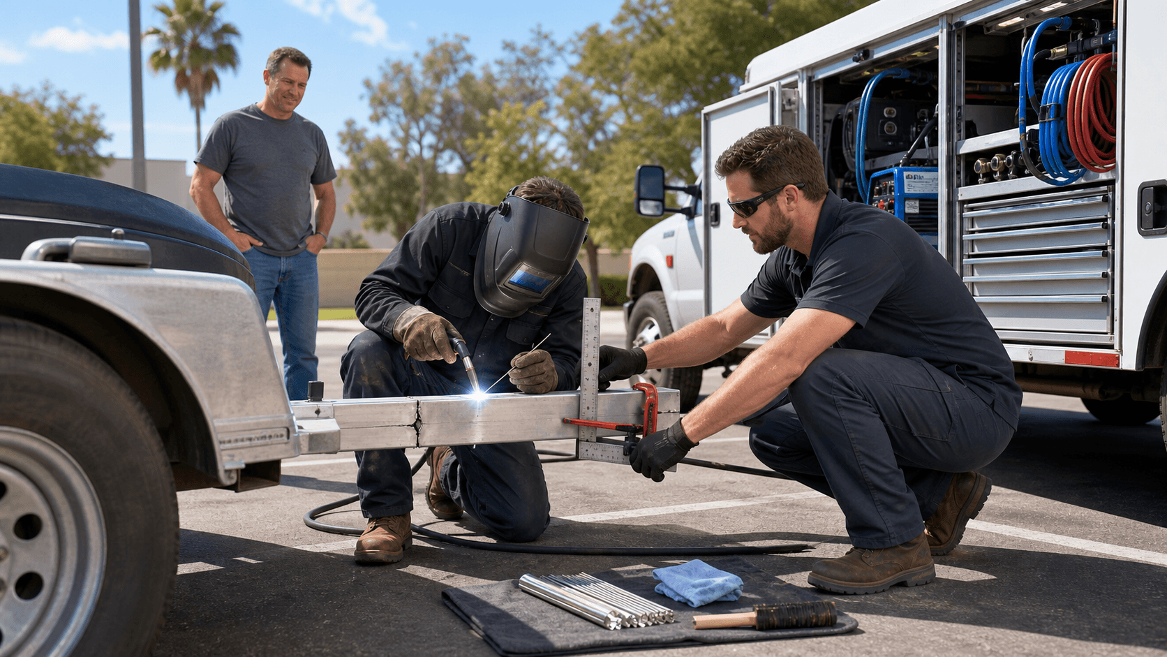 Technician welding an aluminum trailer frame in a mobile workshop, bright blue sparks and tools under LED lighting.