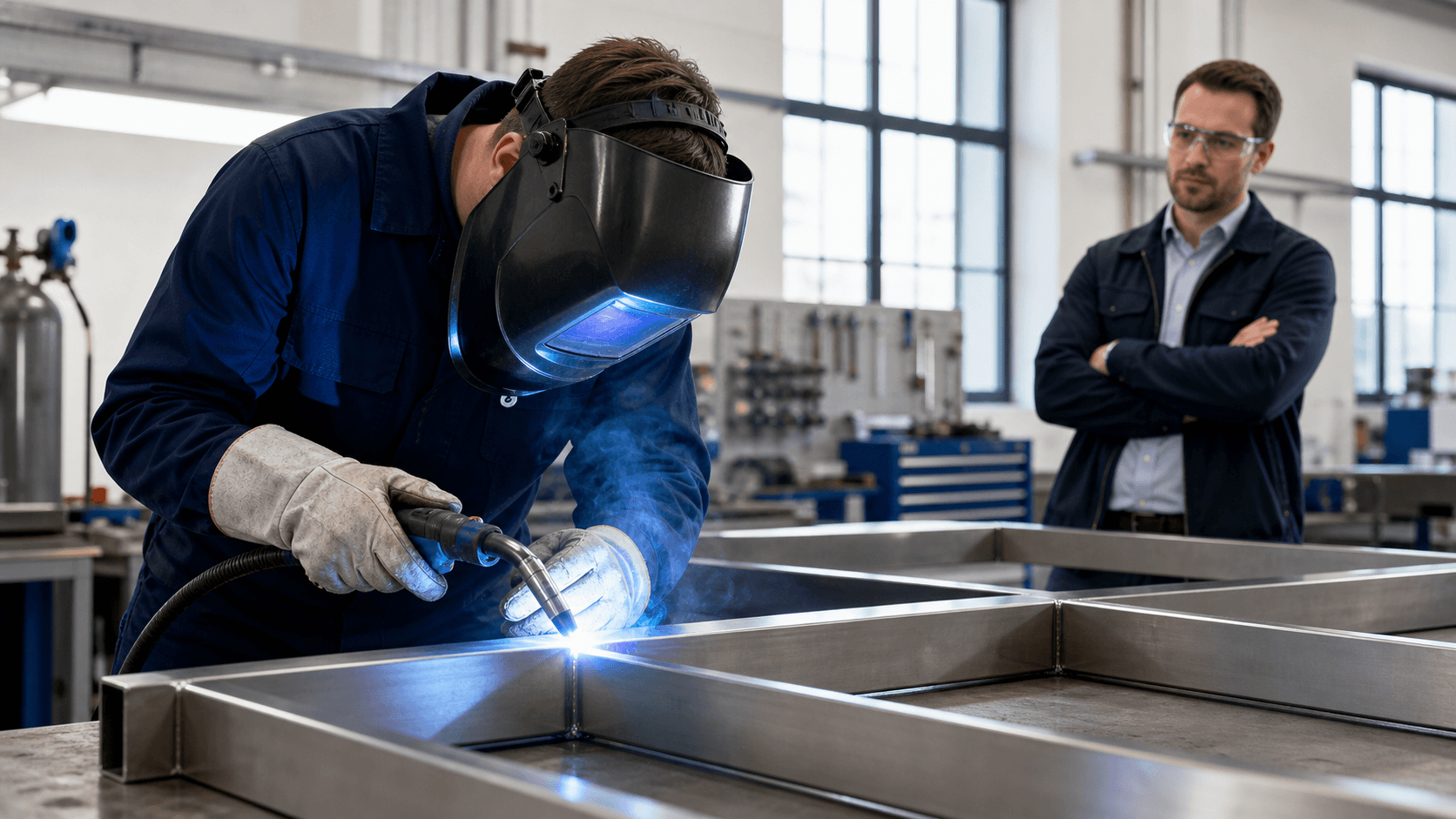 Welder in dark protective gear uses a torch, casting bright blue sparks across a metal workpiece.