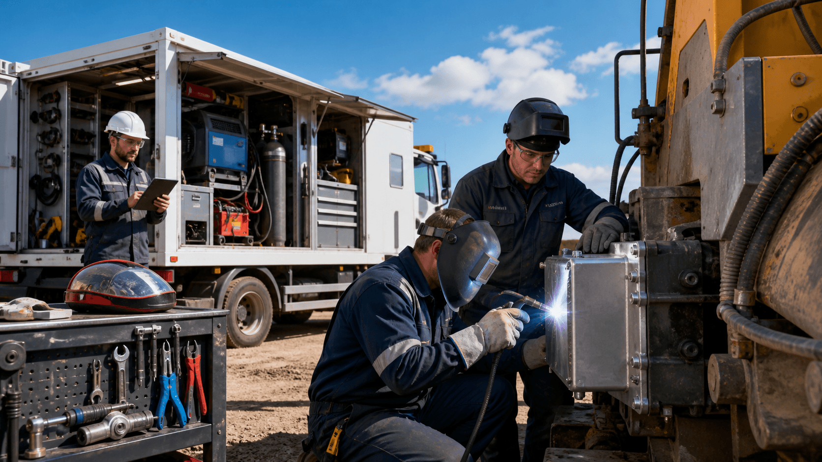 Welder in a dark shop uses bright arc torch to join aluminum pipes on a workbench, blue sparks lighting the scene