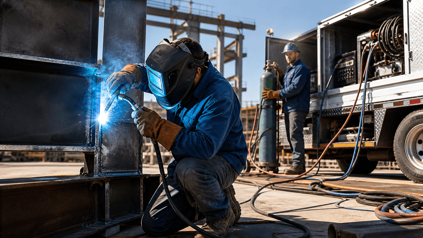 Welder in a dark helmet uses a torch beside a mobile welding rig, with bright sparks against a dusky background.