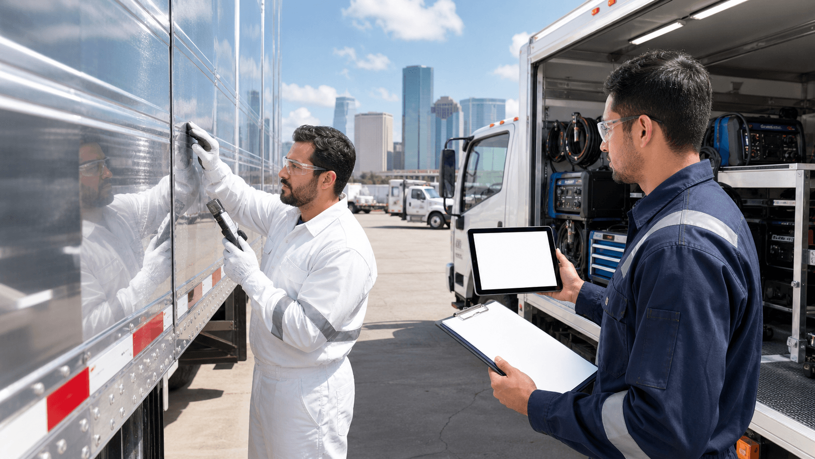 Technician inspects an aluminum truck trailer beside a mobile repair van in bright daylight.