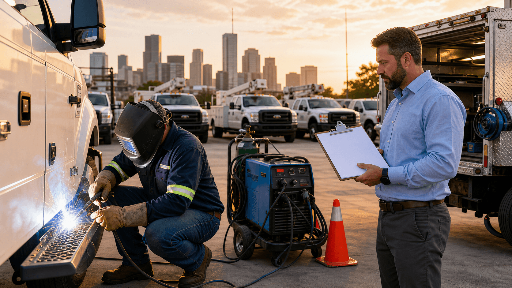 Welder in protective gear repairs a truck frame beside a service vehicle, with bright sparks against an industrial backdrop.