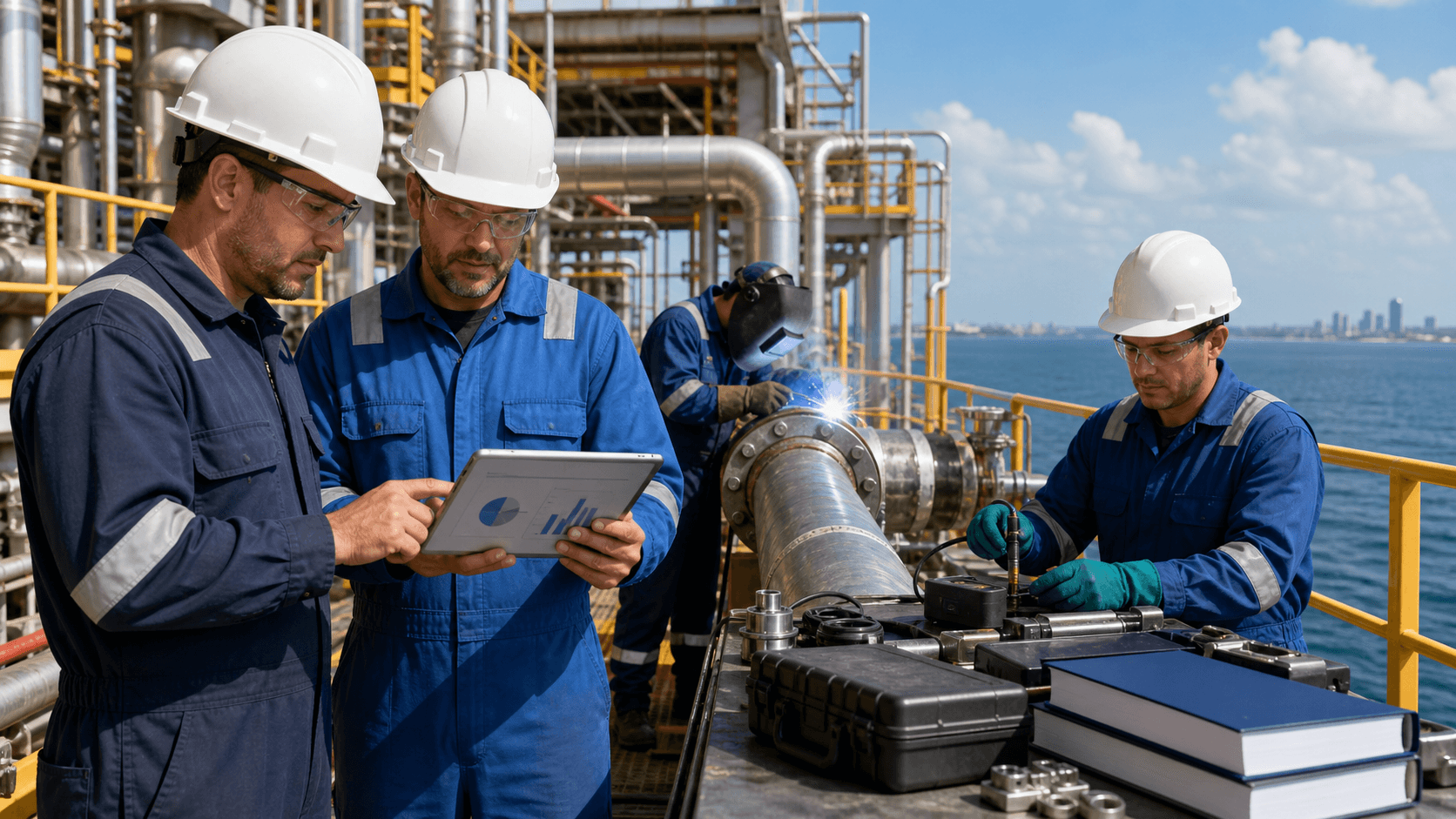 Blue-toned offshore oil platform at sunset with a welder sparks flying and a clipboard of documents in the foreground
