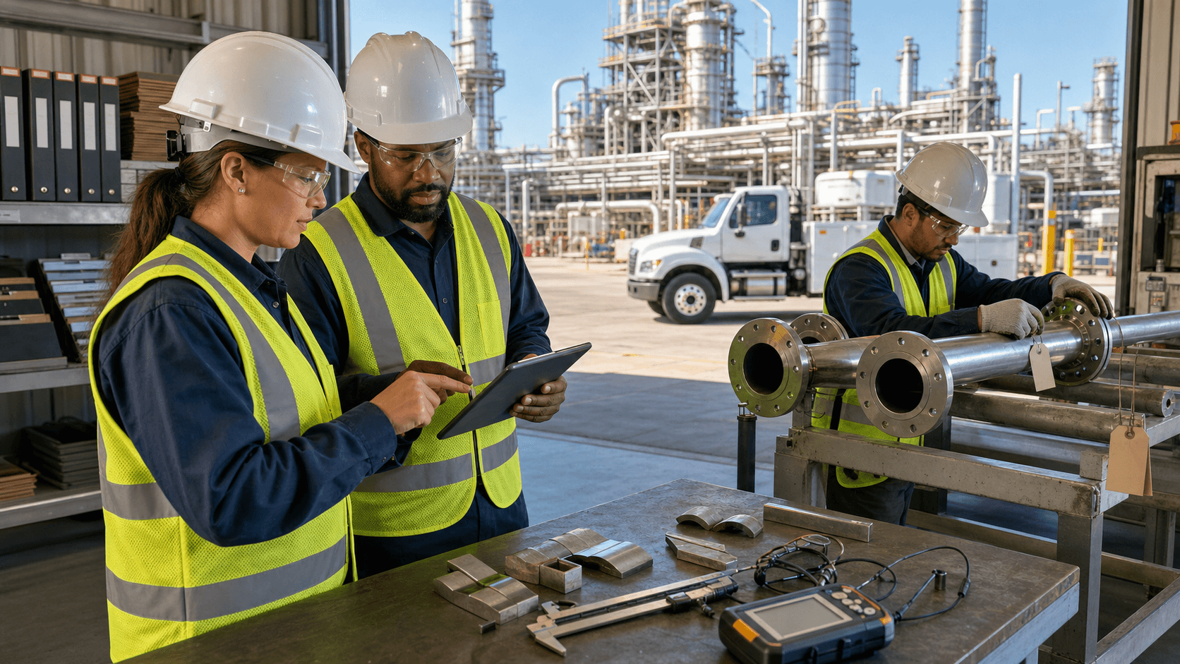 Industrial clipboard checklist beside steel pipe spools, hard hats and documents on a blue-lit shop floor.