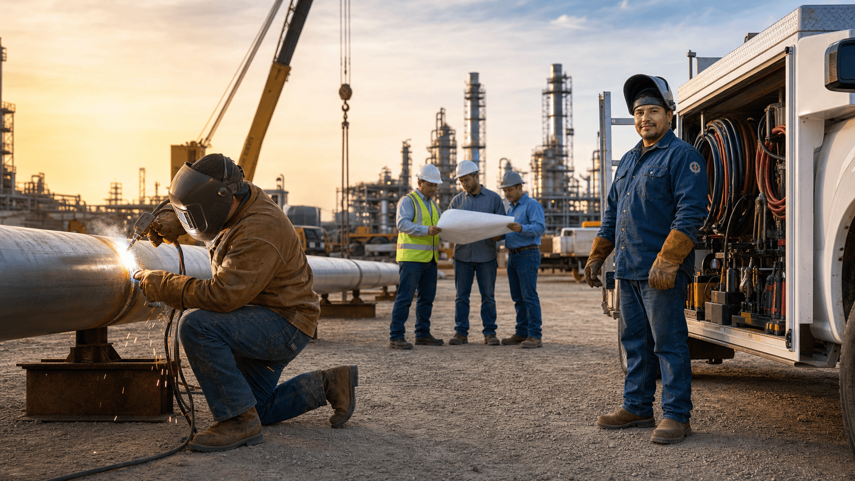 Two welders in hard hats work beside a pipeline and welding rig at sunset, sparks flying in warm orange light.