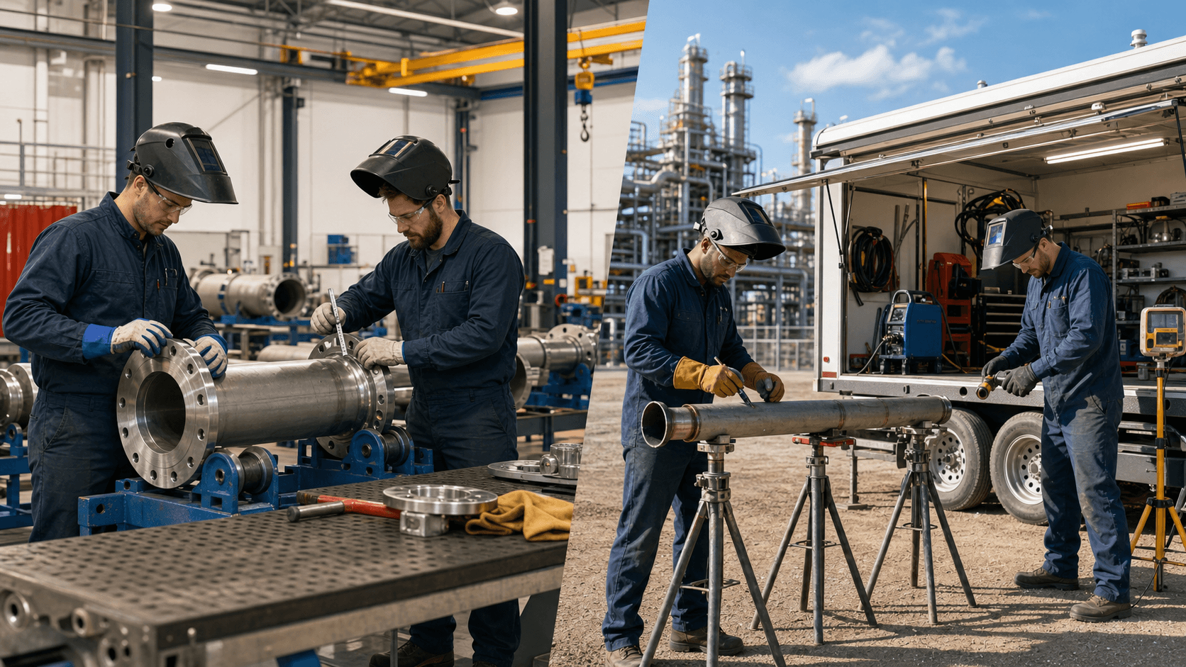 Split-view of a workshop spooling station and a mobile pipe welding truck, with steel pipes and sparks in blue light