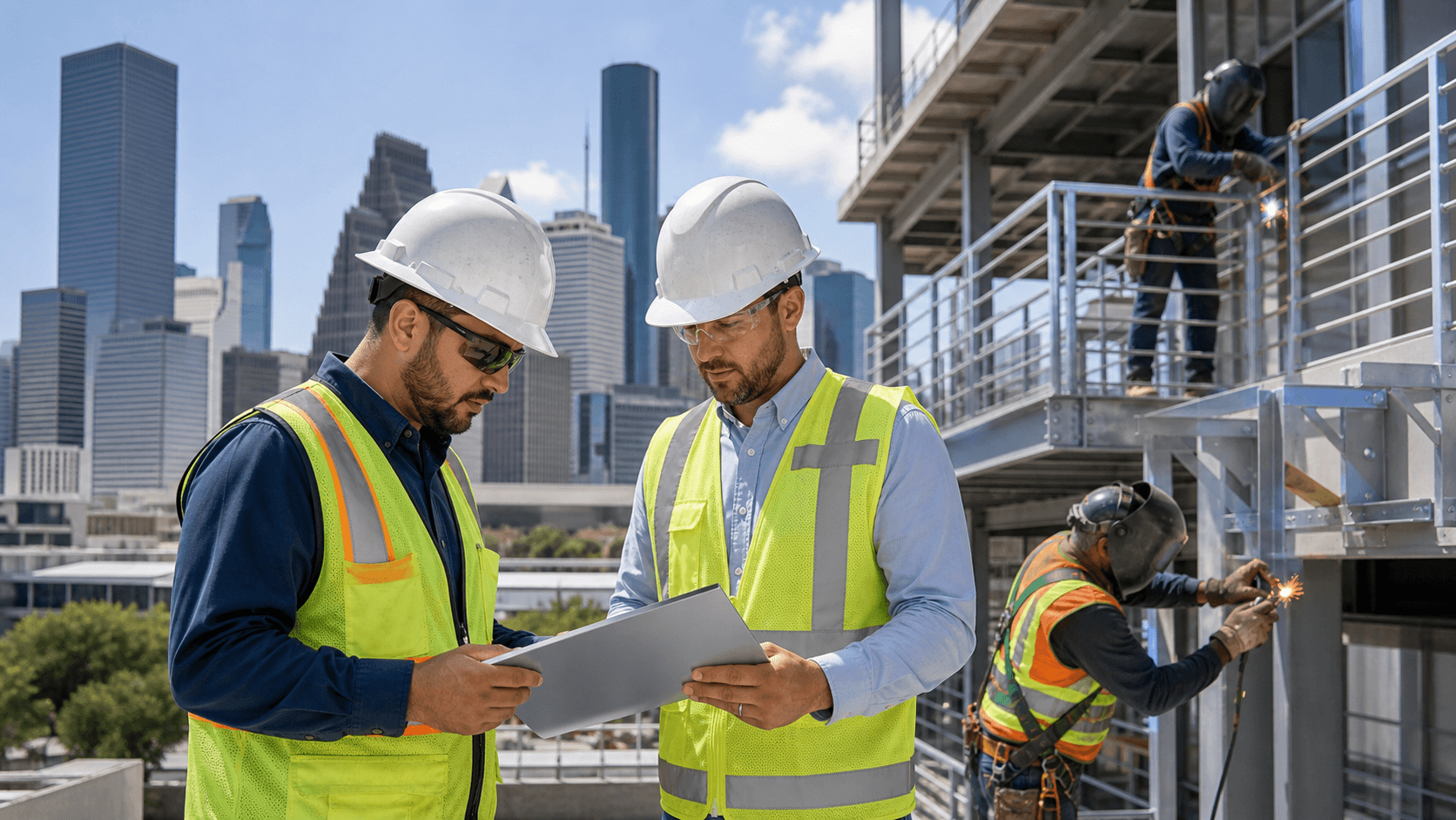 Steel framework and orange safety barriers rise against a bright blue Houston skyline.