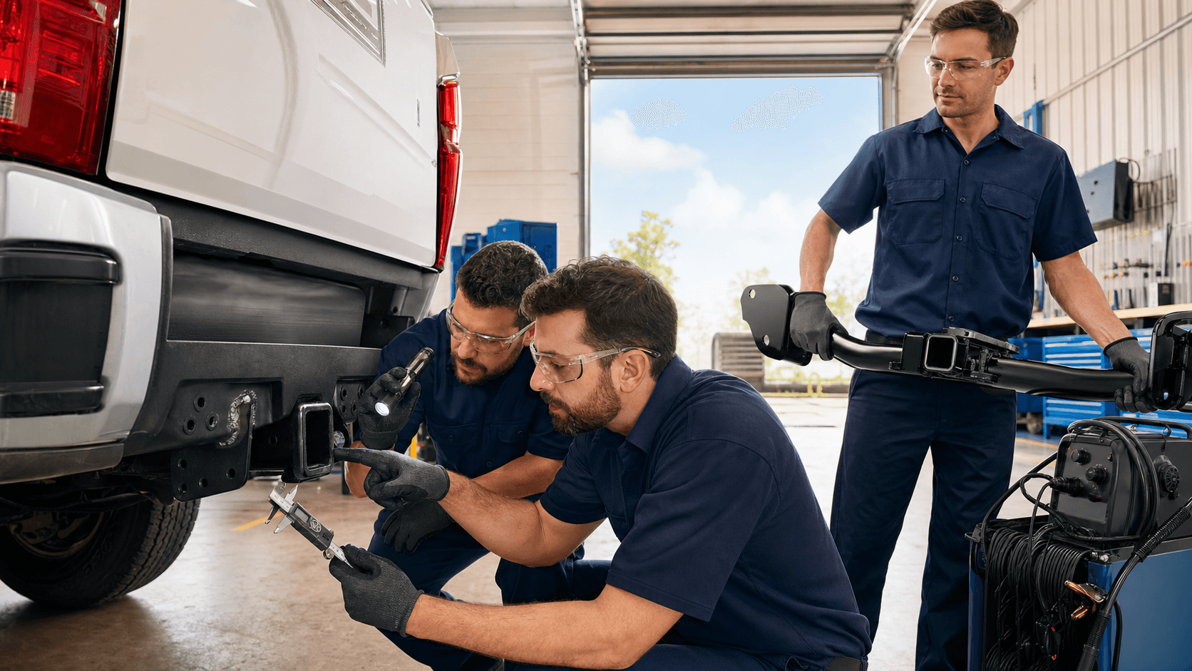 Silver pickup’s rear hitch under bright shop lights, mechanic’s gloved hands holding a wrench near the coupler.
