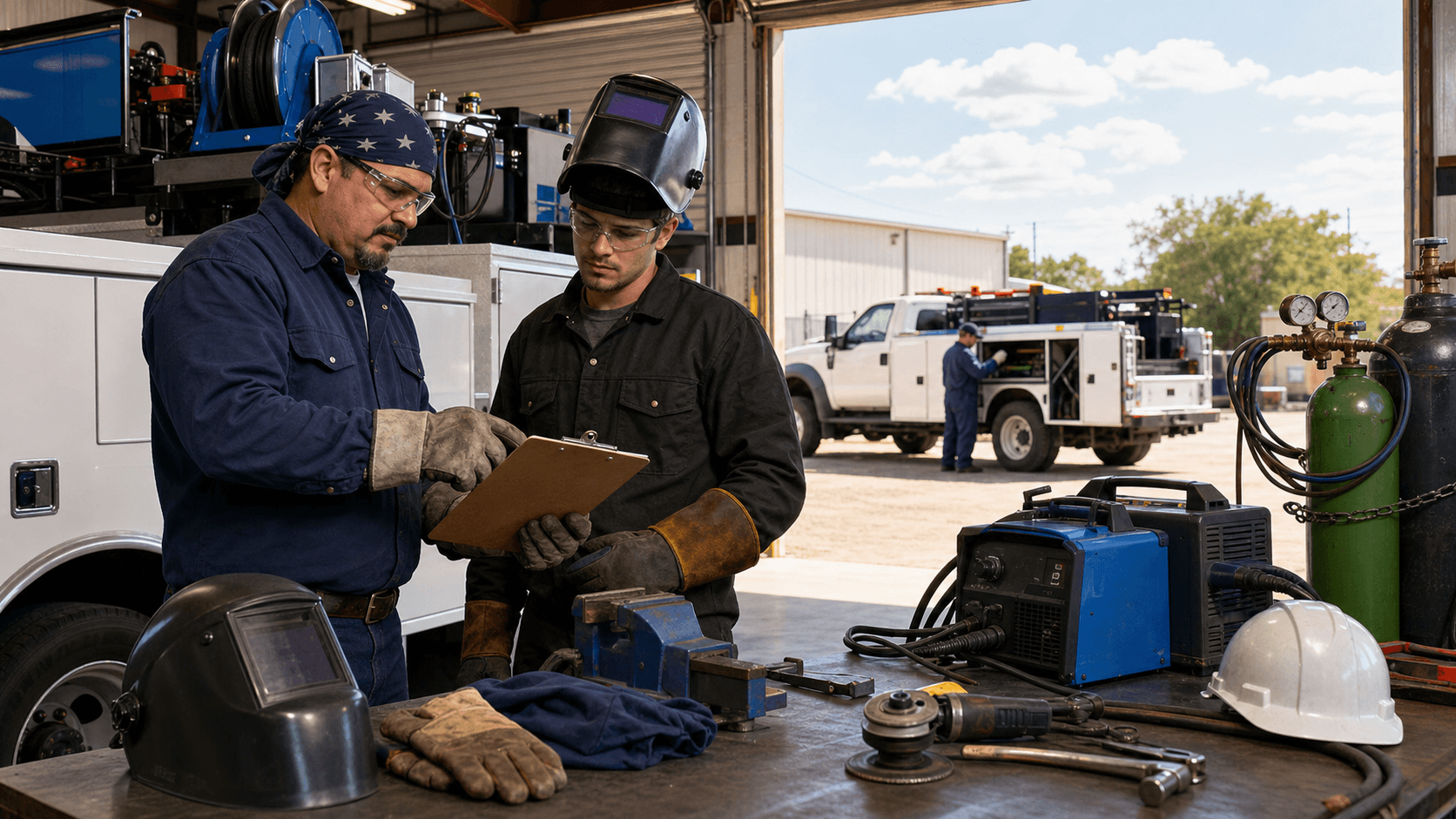 Hardhat and welding mask beside a red pickup and toolboxes in a sunlit Texas workshop, sparks flying