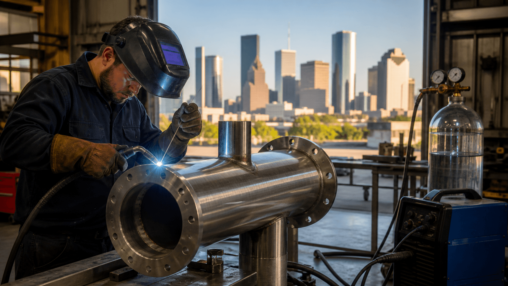 Welder in dark protective gear uses a torch, casting blue sparks across a dim industrial workshop.