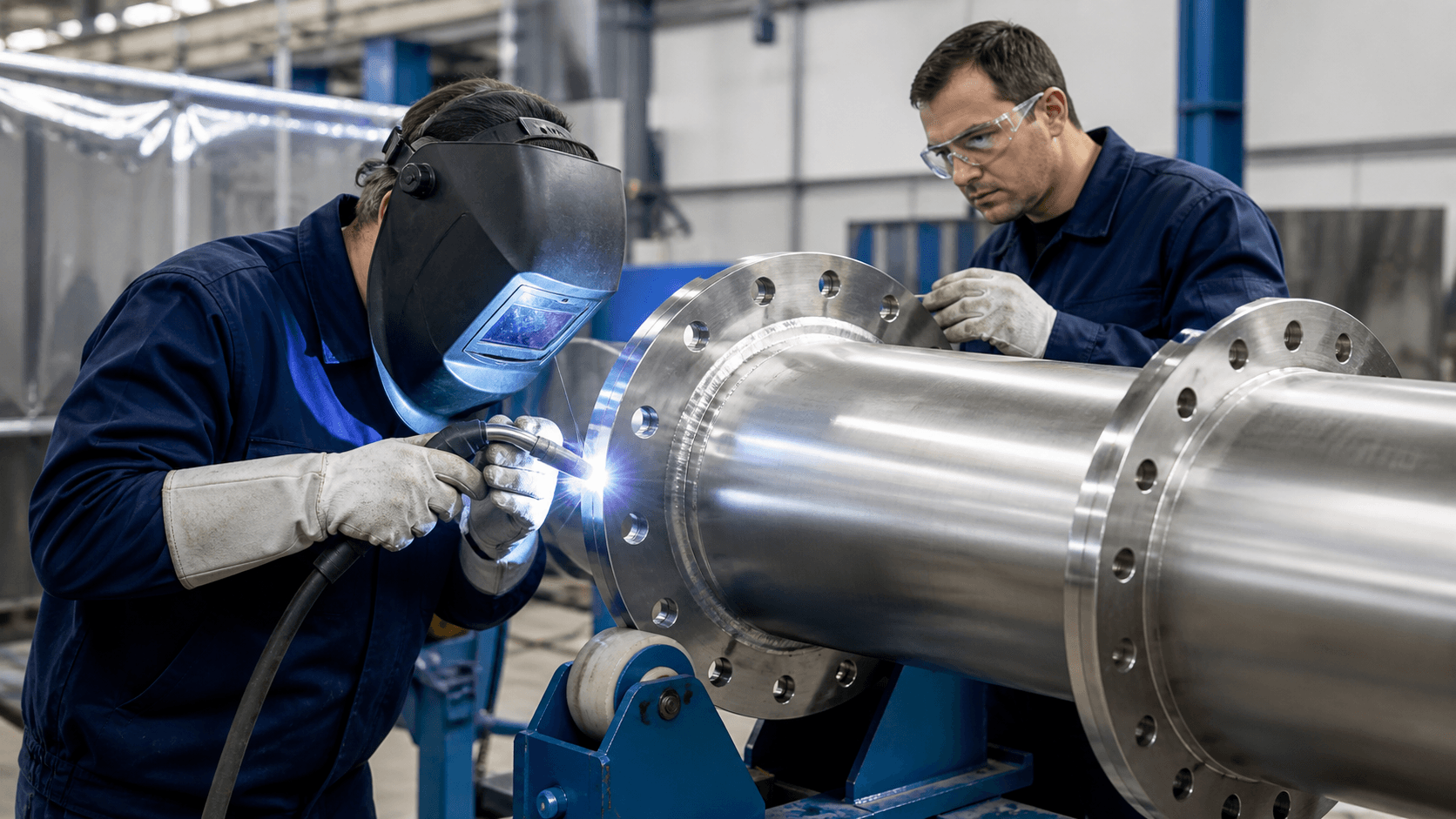Welder in a dark workshop joins a steel pipe spool, bright blue arc sparks illuminating the metal.