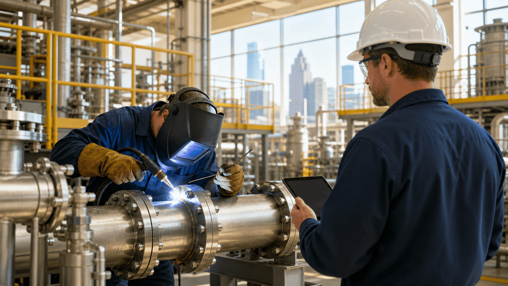Welder in protective gear repairs industrial piping amid orange sparks in a dim Houston facility.