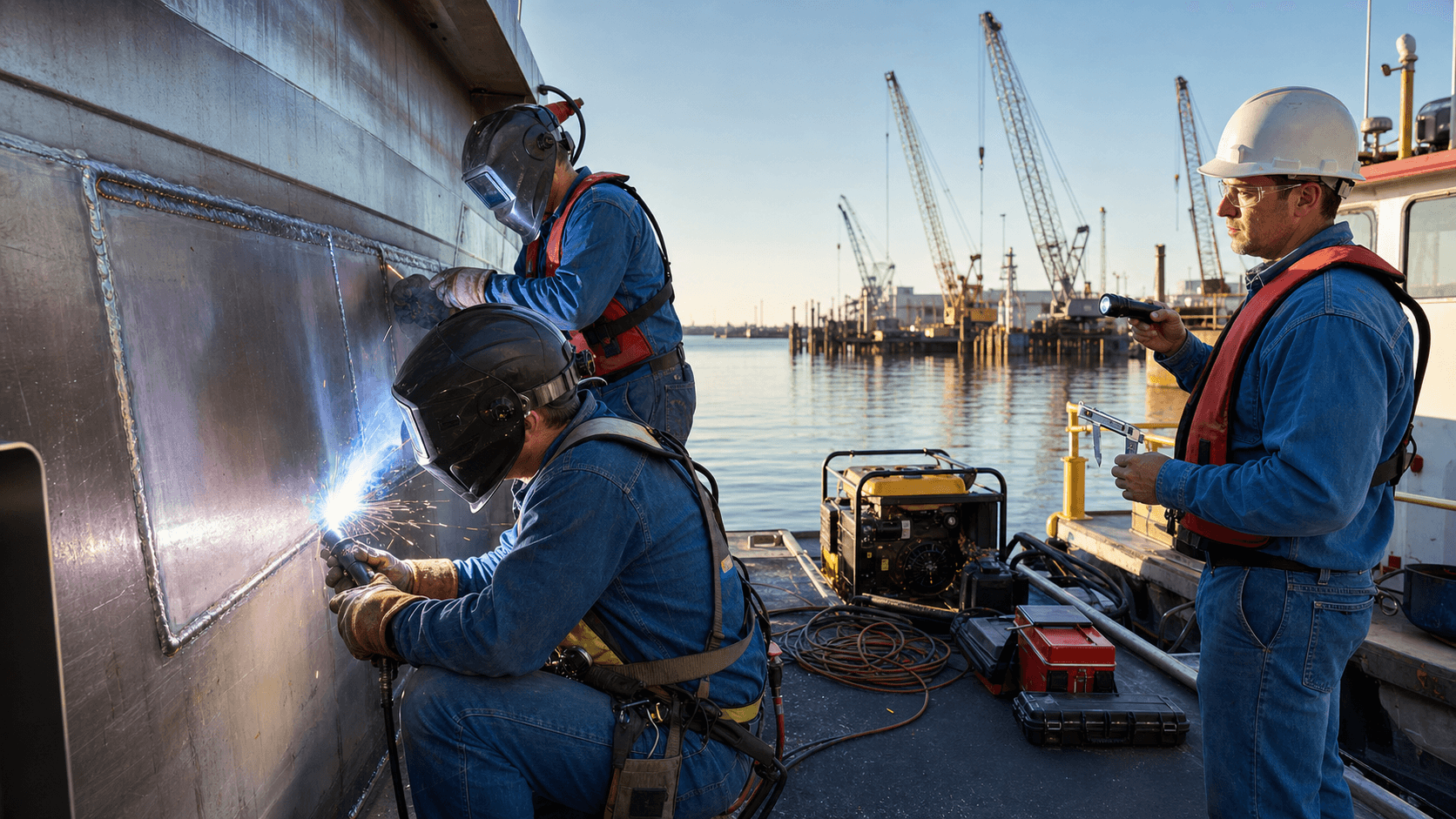 Welder in a dark helmet sparks bright orange arcs on a steel barge deck at dusk, with water and cranes behind