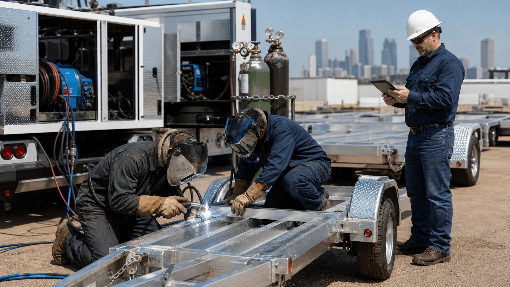 Orange welding sparks illuminate a mobile service truck as a welder repairs an aluminum panel at night.