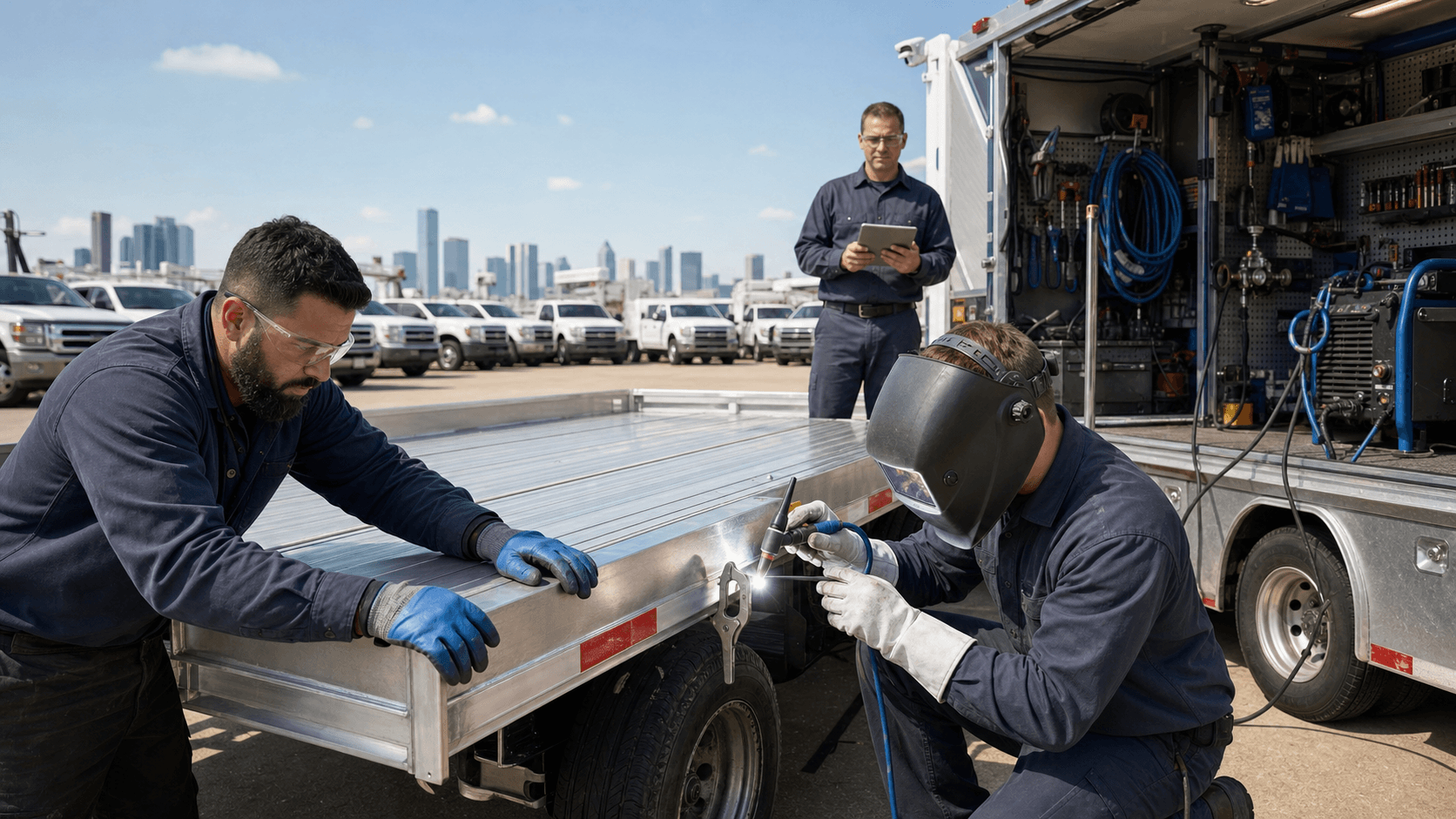 Technician welding an aluminum truck panel beside a service van at night, sparks flying under work lights.