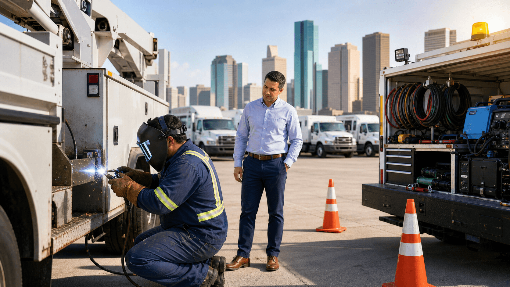 Mobile welder in protective gear repairs a truck frame beside a fleet vehicle under bright daylight.