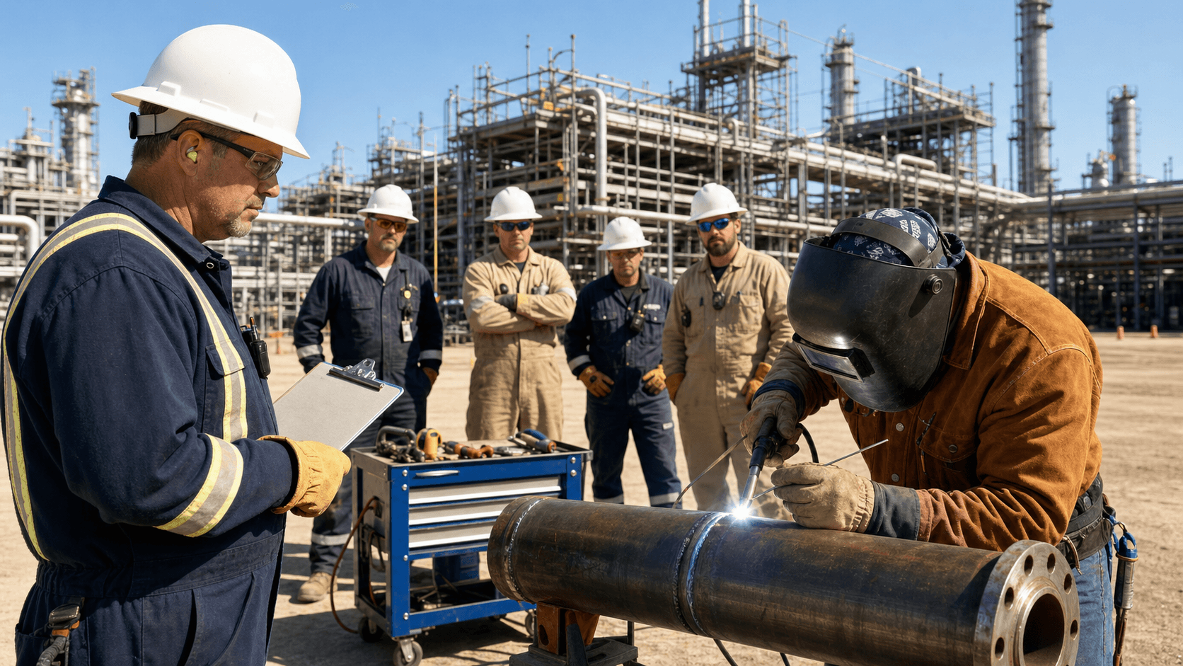 Mobile welding rig beside oilfield piping at sunset, welder in helmet sparks blue light under harsh work lamps