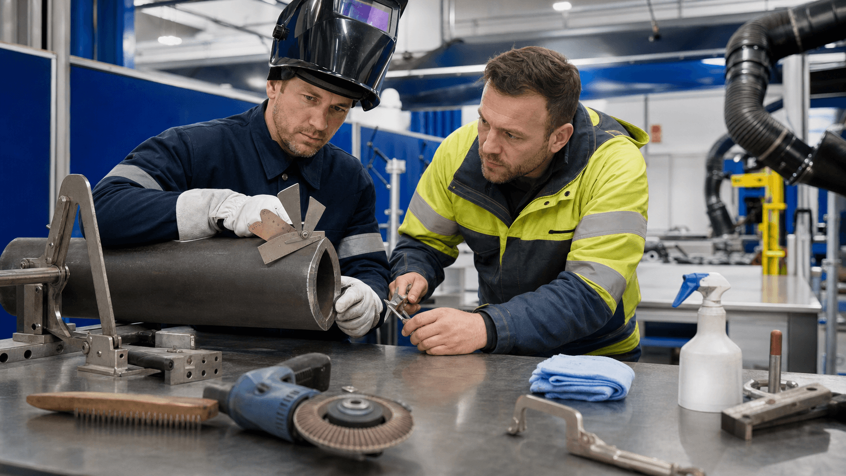 Gloved hands mark a weld prep checklist on a clipboard beside metal plates and welding tools under workshop lighting