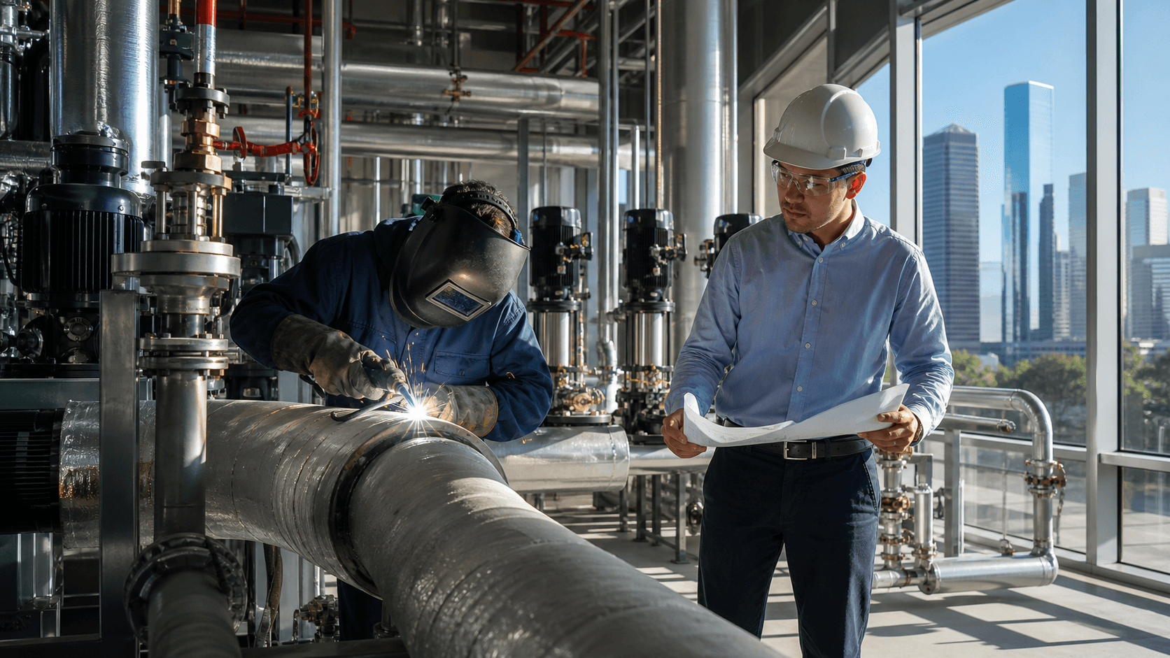 Welder in protective gear works on silver piping in a dim industrial mechanical room.