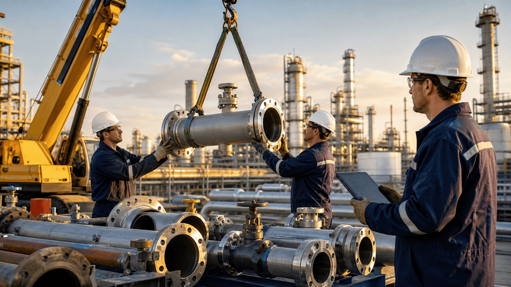 Fabricated steel pipe spools and valves arranged in a sunlit Houston industrial yard.