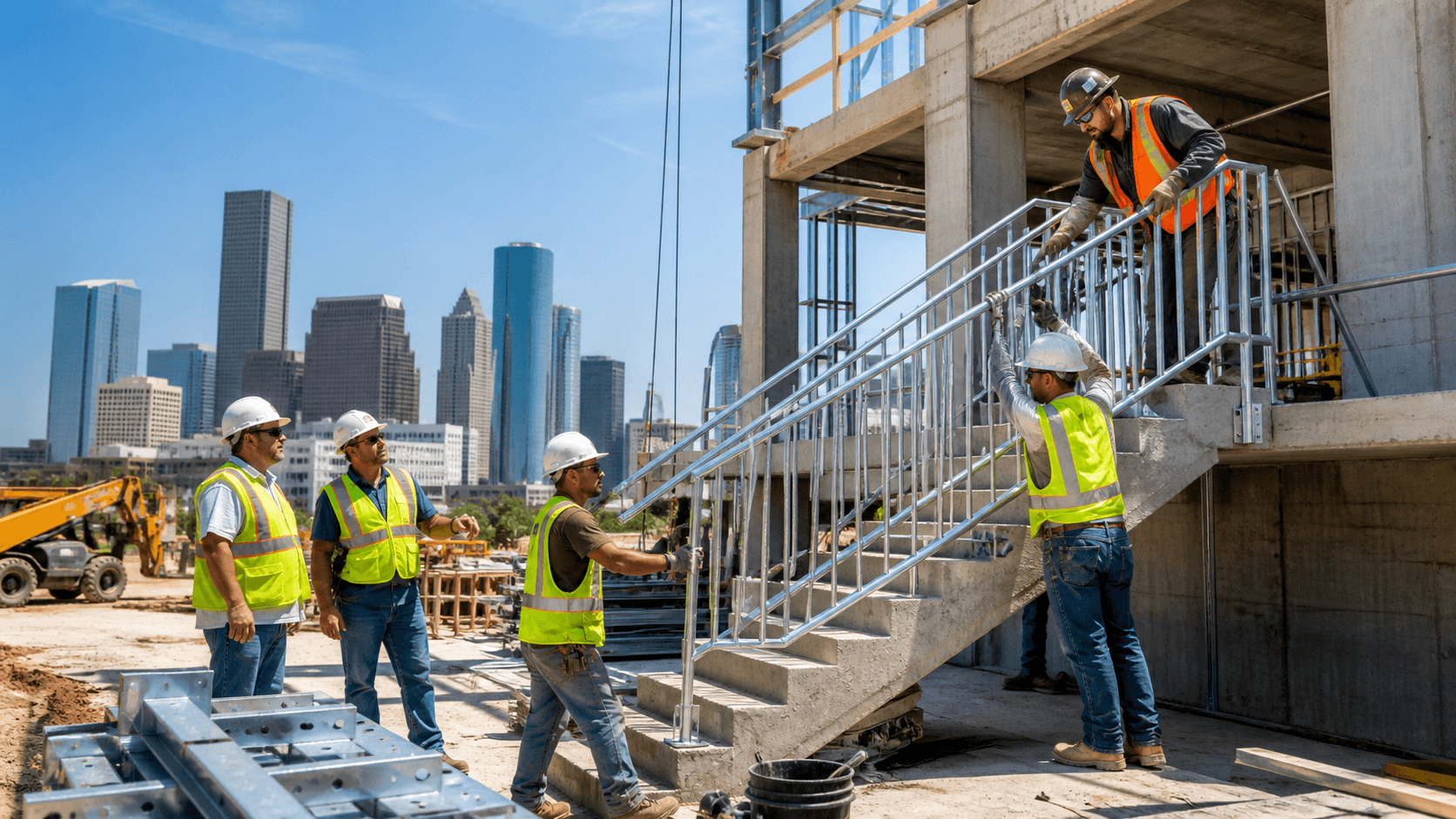 Steel framework and stair railings rise on a Houston construction site beneath a bright blue sky.