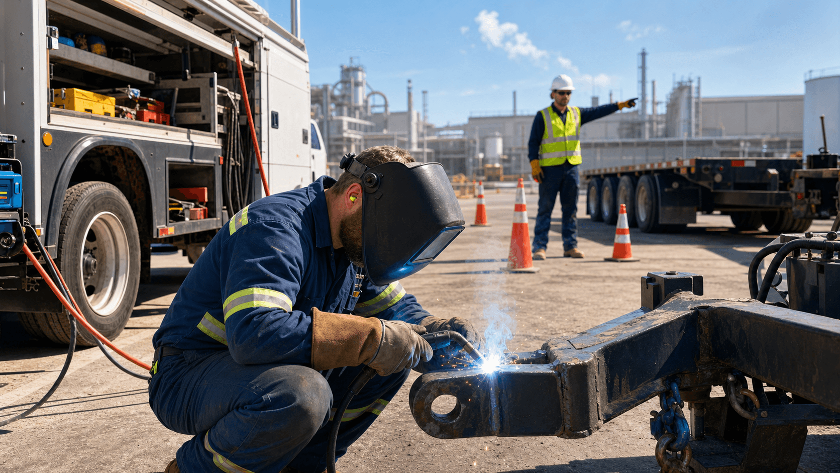Mobile welder in a hard hat welding a metal frame beside a truck at dusk, bright sparks lighting the scene